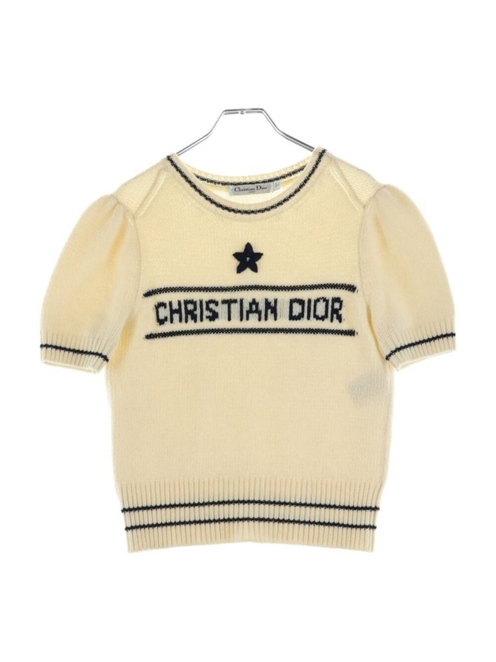 Dior Logo Embroidery Short Sleeve Cashmere Knit Sweater Ivory
